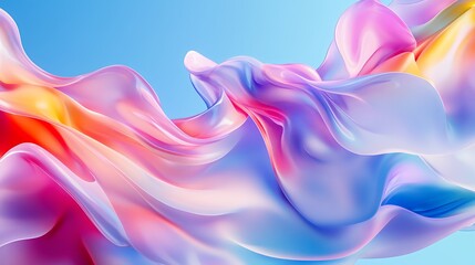 Fototapeta premium Vibrant abstract 3D render of flowing pastel liquid waves with smooth satin texture over a light blue background.