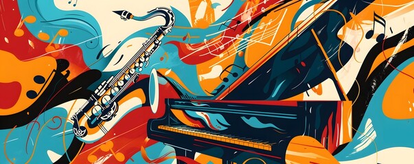 Abstract Illustration of a Saxophone and Piano with Musical Notes