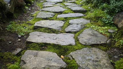 Weathered stone path with moss and cracks, creating a rugged and ancient feel. -
