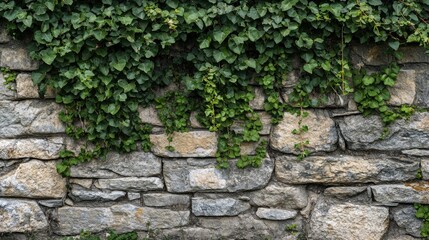 Weathered stone wall with ivy growth, conveying a sense of nature and history intertwined.