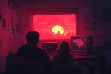 Naklejka premium two silhouetted figures sitting in a dark room, gazing at a bright, vivid sunset displayed on a computer screen.