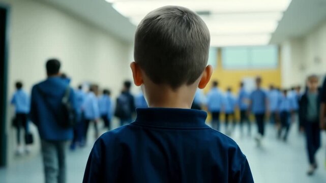 A teenage boy walks alone in a school corridor, feeling lonely and sad. He suffers from bullying from his classmates. The male student is a victim of violence and feels isolated. Generative AI