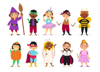 Kids in halloween costumes vector illustration. Funny and cute carnival children set. Colorfull costumes collection. For personal avatar, kids design, holiday banners