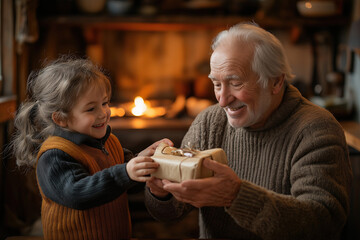 Little girl giving present to her grandfather at home near fireplace