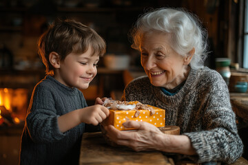 Happy grandmother receiving a gift from her grandson at home