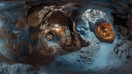 Wide view of a gemstone mine with tunnels and processing areas, no people visible.