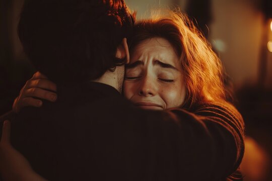 Young man comforting crying girlfriend with tight hug