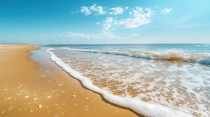 A serene beach scene with gentle waves lapping at the sandy shore under a clear blue sky.