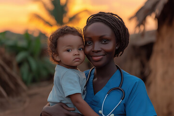 African doctor holding a baby in a rural village at sunset