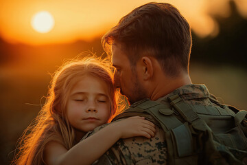 Military father embracing daughter during sunset reunion
