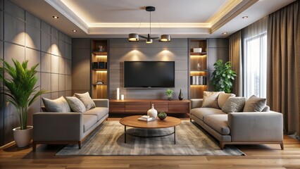 Cozy modern living room with sleek dark gray walls, comfortable beige couch, and large flat-screen TV mounted on the wall, surrounded by warm lighting.