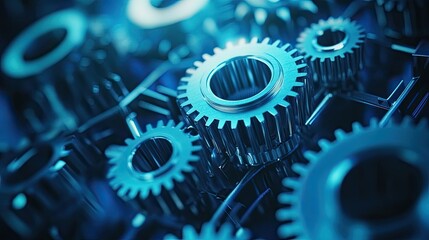 Blue gears in motion, connected intricately against a sleek, modern technology background.