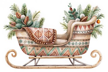 Watercolor Illustration of a Festive Christmas Sleigh with Evergreen Branches. Boho Christmas Clipart.