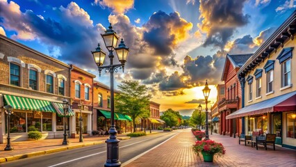 Naklejka premium Cozy small-town main street with charming historic buildings, quaint shops, and vintage street lamps under a warm sunny sky with fluffy white clouds.