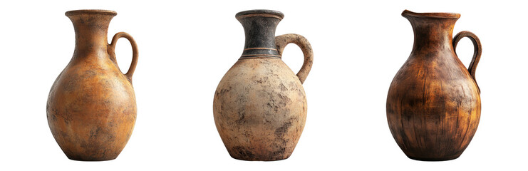Ancient pottery set isolated on transparent background