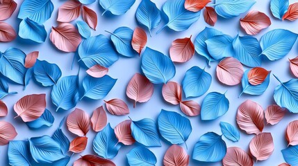 Small mint blue and coral pink spring leaves with tiny azalea petals on a white backdrop