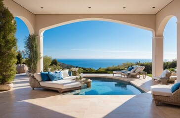Fototapeta premium Luxurious villa with pool overlooking ocean and comfortable patio furniture