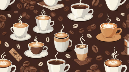 Seamless pattern with coffee cups, coffee beans, and chocolate on dark brown background, cozy cafe design