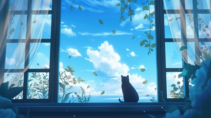 A Serene Cat Gazing Out a Window at a Breathtaking View of the Blue Sky and White Clouds.