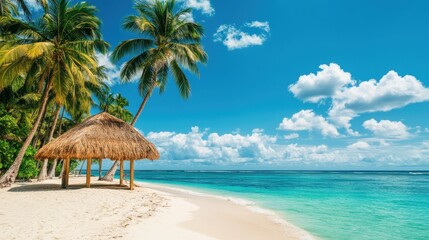 A serene beach scene with palm trees and a thatched hut under a clear blue sky.