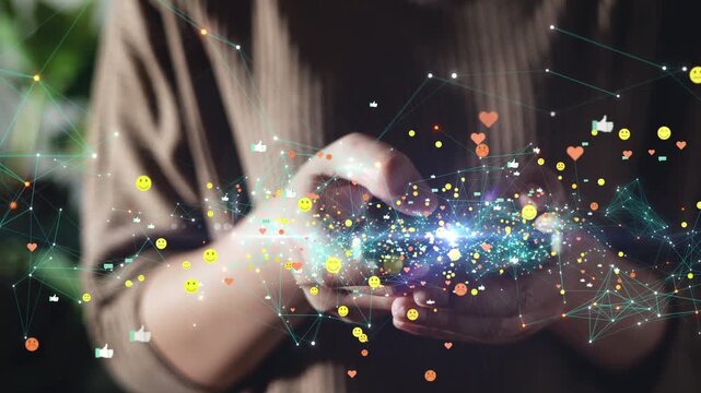 Customer experience concept. Woman's hand using smartphone to surf social media Shopping online and Social media emojis in the form of customer experience icons and flying social icons.