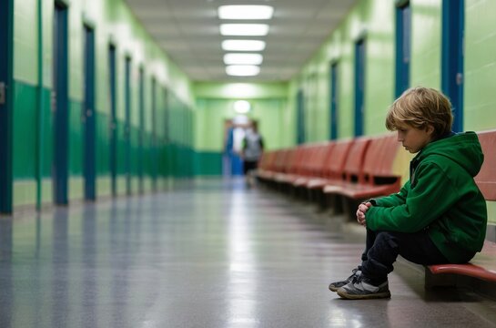 Young boy sitting alone on bench in empty hallway