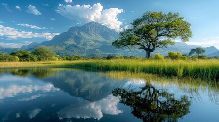 Fototapeta premium Mountain Reflection in Still Lake with Solitary Tree