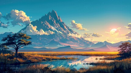 Fototapeta premium Mountainous Landscape with a Calm Lake at Sunset