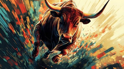Bull Charging Abstract Art - Powerful Animal Motion
