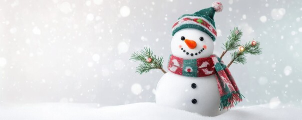 Fototapeta premium A cheerful snowman with a carrot nose and a festive scarf