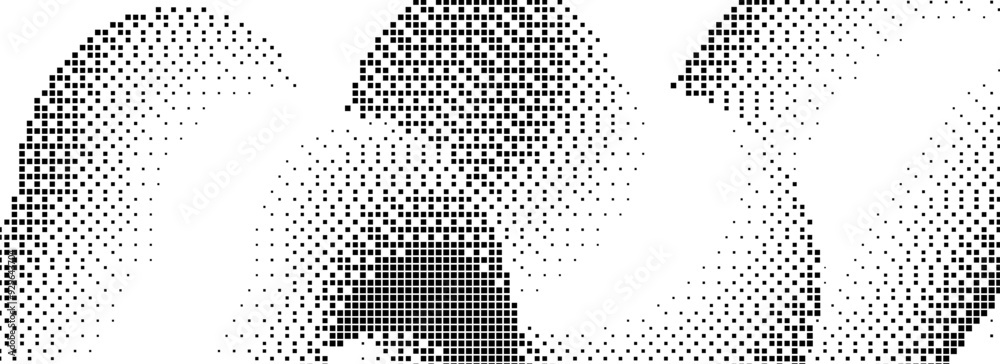 Poster pixelated curved gradient shape. dotted dither squiggling texture background. fluid undulate form fo