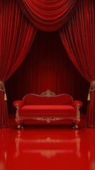 Vampireâ€™s lair, with red velvet curtains and a coffin, in a dimly lit room