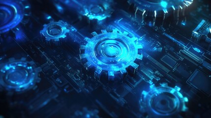 Obraz premium High-tech background featuring blue gears, with light effects highlighting the mechanical structure.