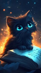 Fototapeta premium Witchâ€™s familiar, a black cat with glowing eyes, perched on a spell book, in a dim room