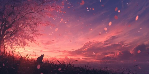 Fototapeta premium A Solitary Cat Silhouetted Against a Breathtaking Sunset with Falling Cherry Blossoms.