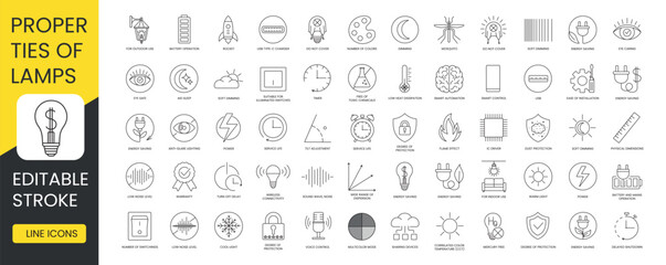 Lamp specification and characteristics set of line icons vector with editable stroke, physical dimensions and correlated color temperature, delayed shutdown and sharing devices, cool and warm light