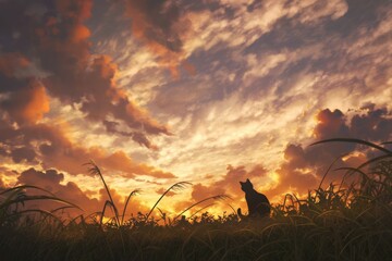 Fototapeta premium Silhouette of a Cat Sitting in a Field of Grass Against a Sunset Sky.