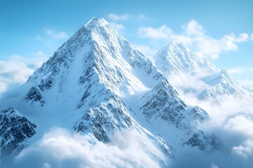 Obraz premium Majestic landscape of a large snow-capped, sharply pointed mountain covered in snow on a clear day, with a strong wind blowing the snow.