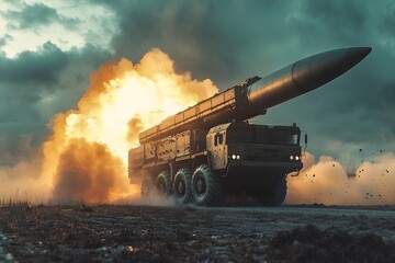 Fototapeta premium A large missile cannon mounted on top of a military armored vehicle spits out fire and is about to be fired.