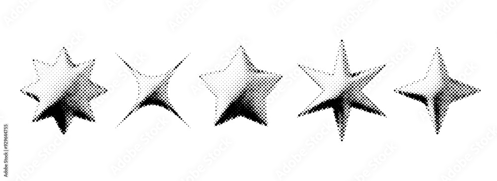 Poster gritty halftone grunge stars set. 3d dotted grainy star shape collection. y2k bitmap gradient elemen