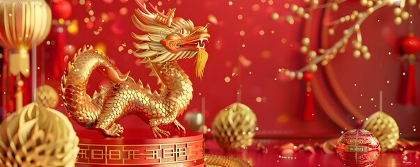 Fototapeta premium Golden Dragon Statue with Red and Gold Decorations