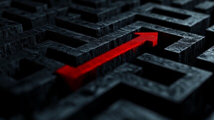 Black maze with a red arrow pointing at the center
