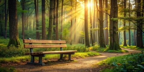 A serene wooden bench nestled in a peaceful forest clearing, bench, woods, nature, tranquil, relaxation, peaceful, solitude