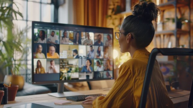 LGBTQ business leader addressing the team in a virtual meeting, diverse group on screen, professional home office setup, inclusive and efficient remote collaboration, engaging presentation