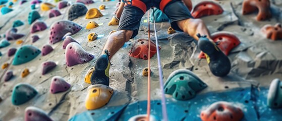 Closeup of Climber's Feet on a Climbing Wall.
