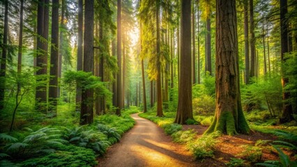 Obraz premium A serene nature trail winding through majestic forest with tall trees and lush greenery