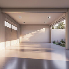 Fototapeta premium Minimalist garage, empty and clean, soft pastel walls, smooth concrete floor