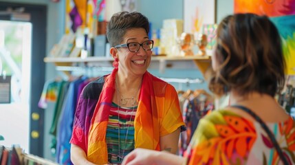 Obraz premium LGBTQ employee helping a customer at a boutique, friendly and inclusive interaction, well-decorated store, positive shopping experience, bright and inviting environment