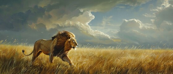 Majestic Lion in Tall Grass.