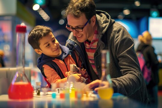 Father and Son Conducting Science Experiment at Museum.